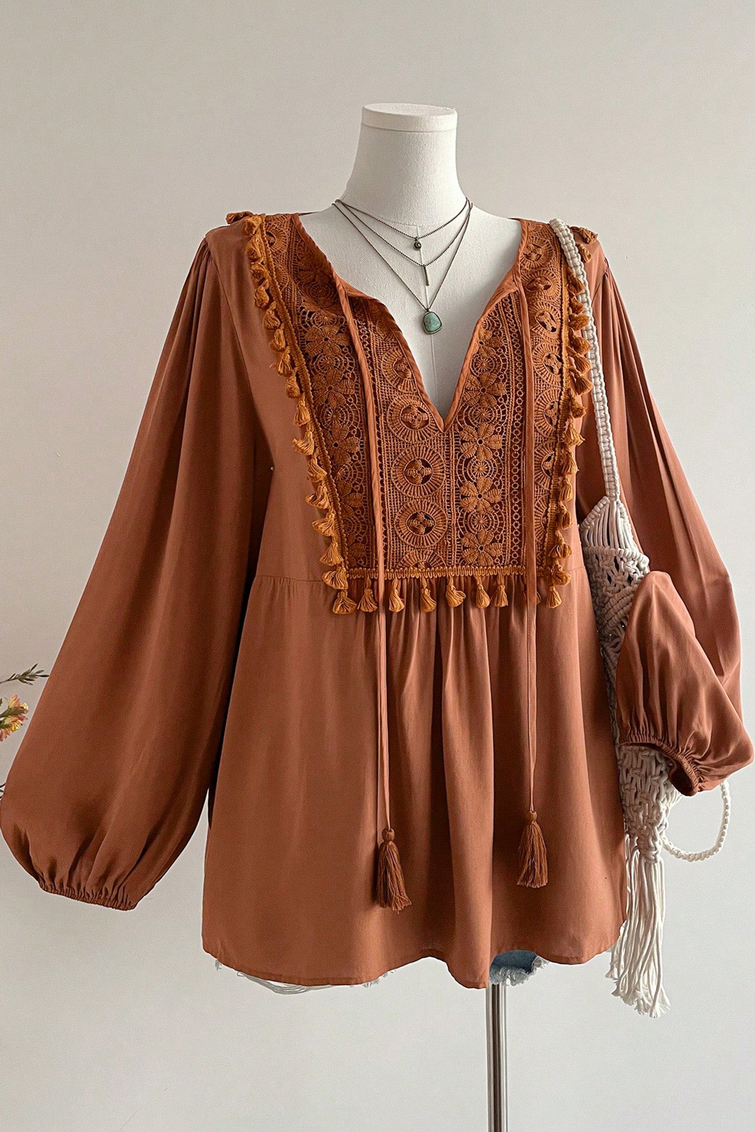 Chestnut  V Neck Embroidered Tassel Long Sleeve Plus Size Blouse