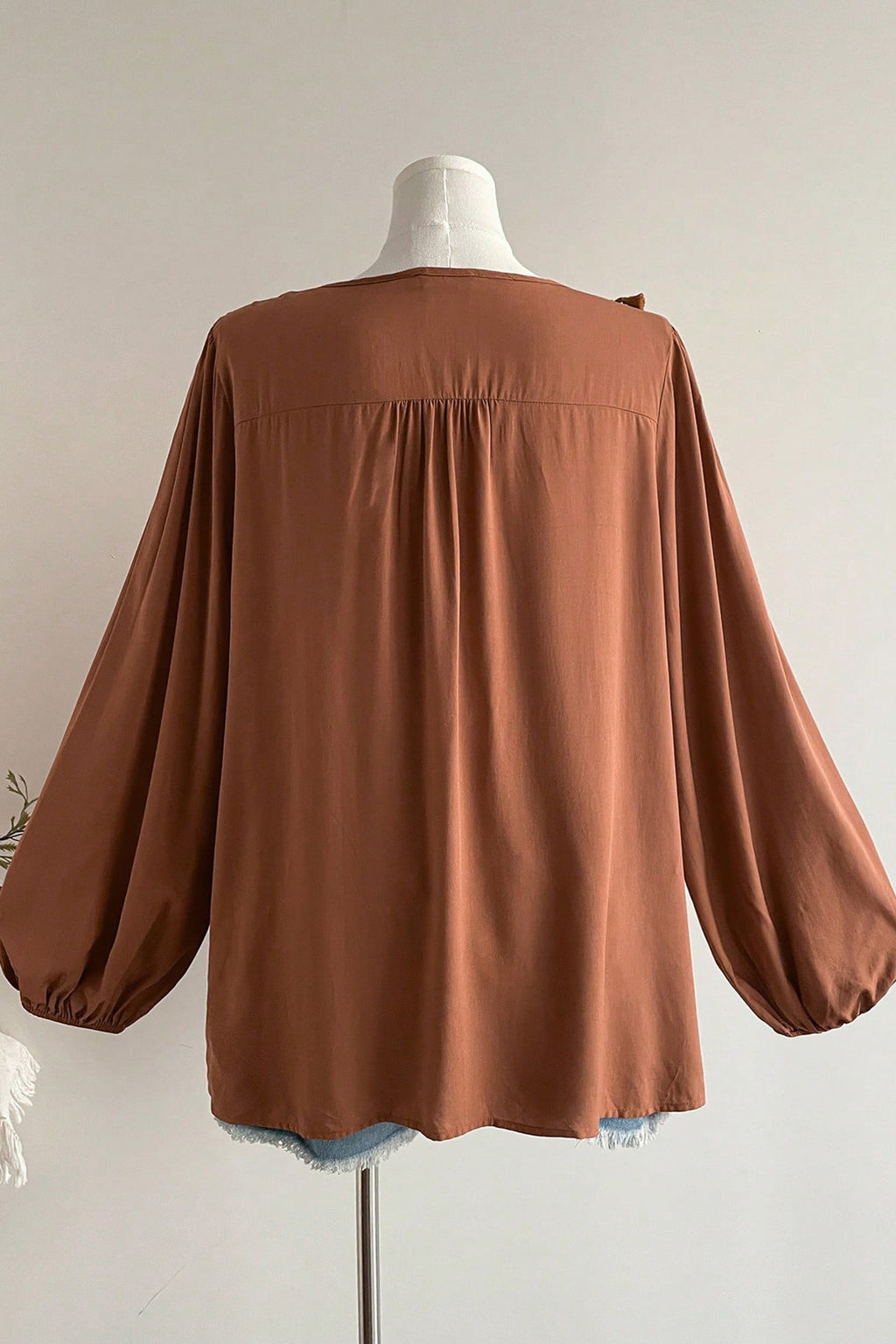 Chestnut  V Neck Embroidered Tassel Long Sleeve Plus Size Blouse
