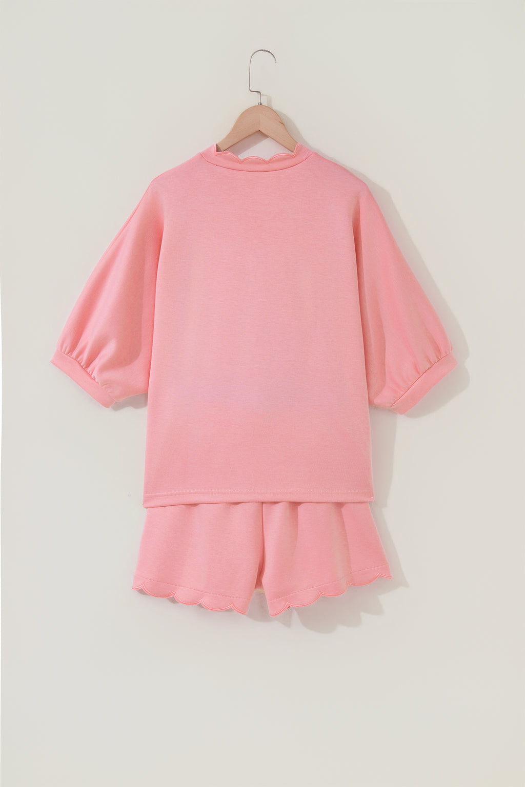 Gossamer Pink Scalloped V Neck Dolman Oversize Top Drawstring Short Set