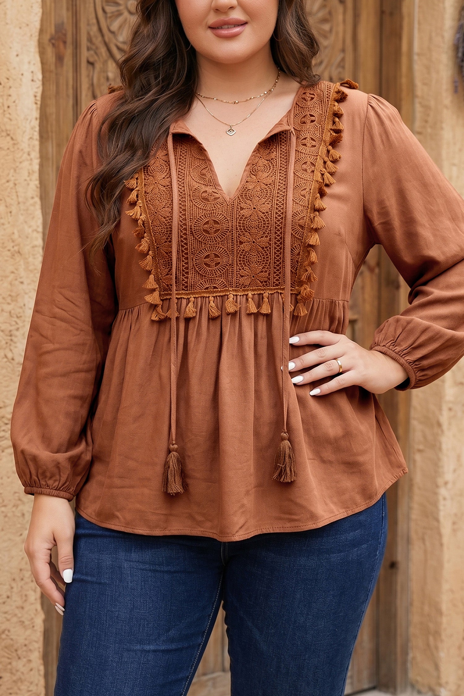 Chestnut  V Neck Embroidered Tassel Long Sleeve Plus Size Blouse