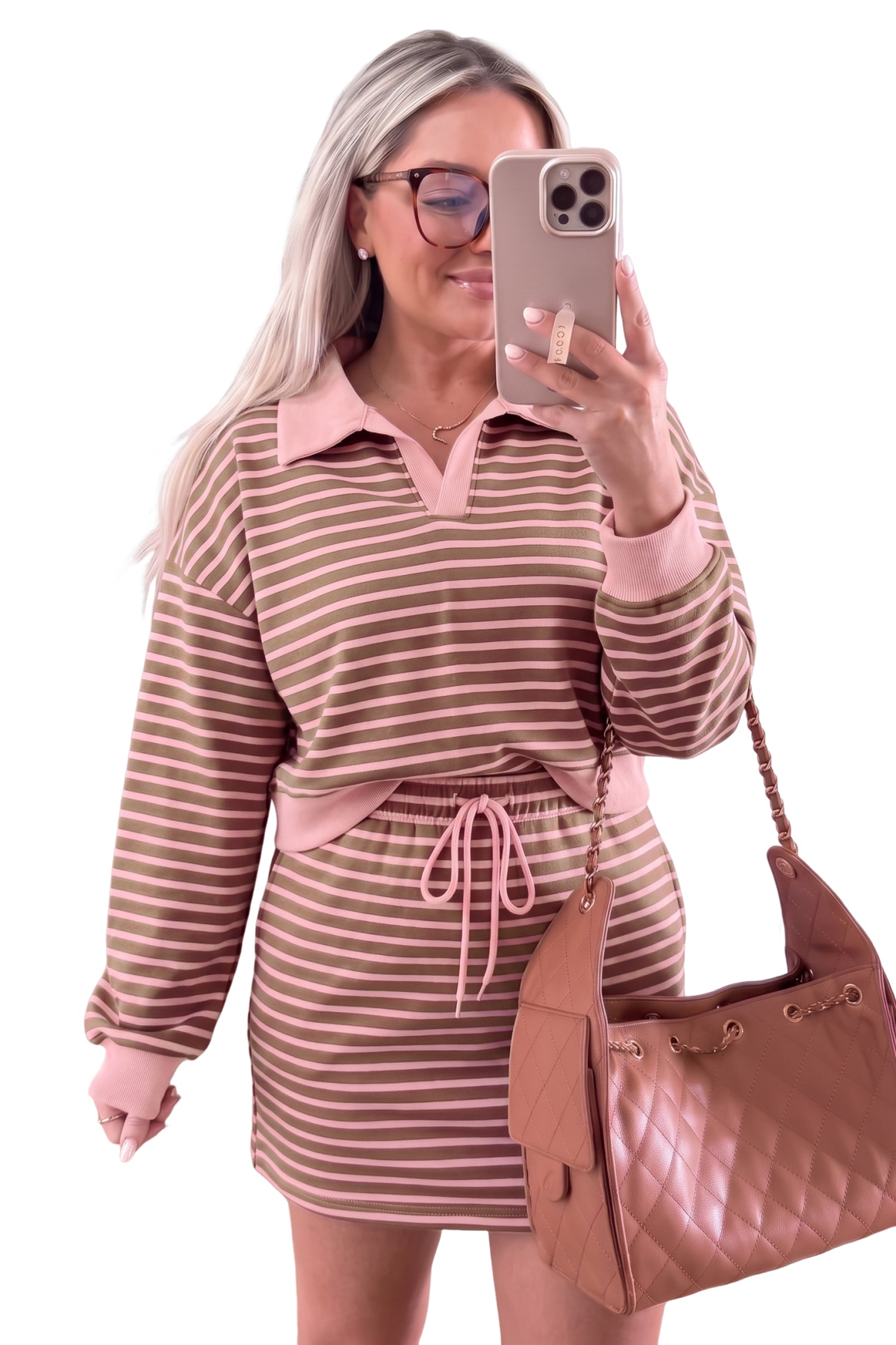 Brown Stripe Striped Drawstring Waist Long Sleeve Top Mini Skort Set