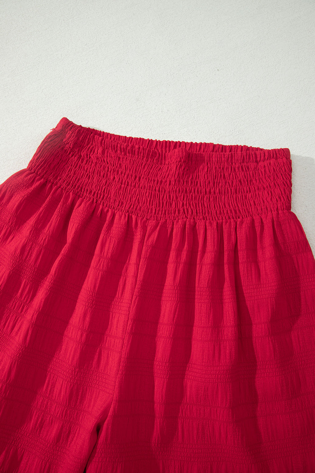 Fiery Red Textured Square Neck Top and Shirred High Waist Shorts Set