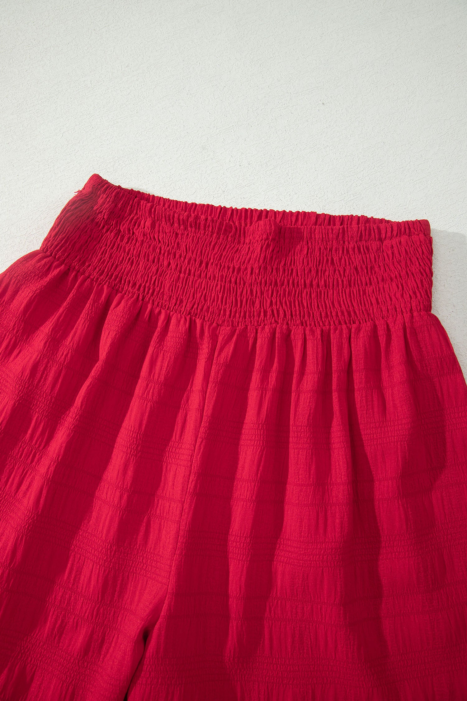 Fiery Red Textured Square Neck Top and Shirred High Waist Shorts Set