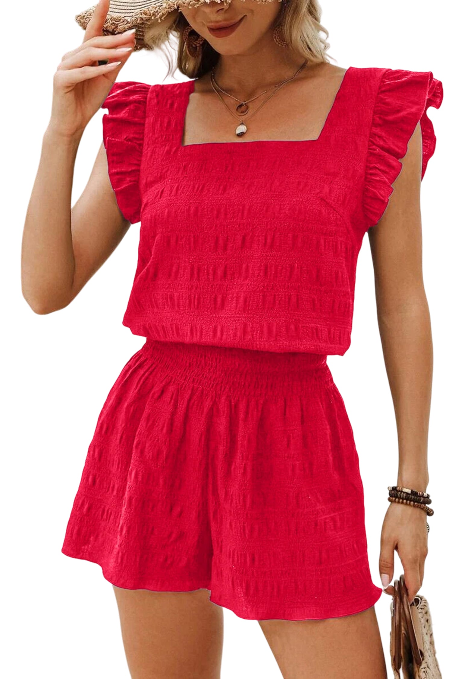 Fiery Red Textured Square Neck Top and Shirred High Waist Shorts Set