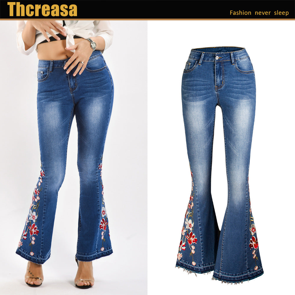 Denim Flared Pants 3D Heavy Industry Embroidered