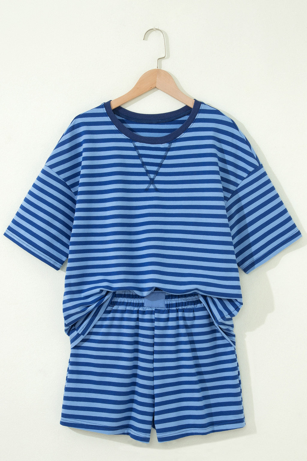 Green Stripe Striped Ribbed Cotton Two-Piece Pant Set with Chest Patch Detail