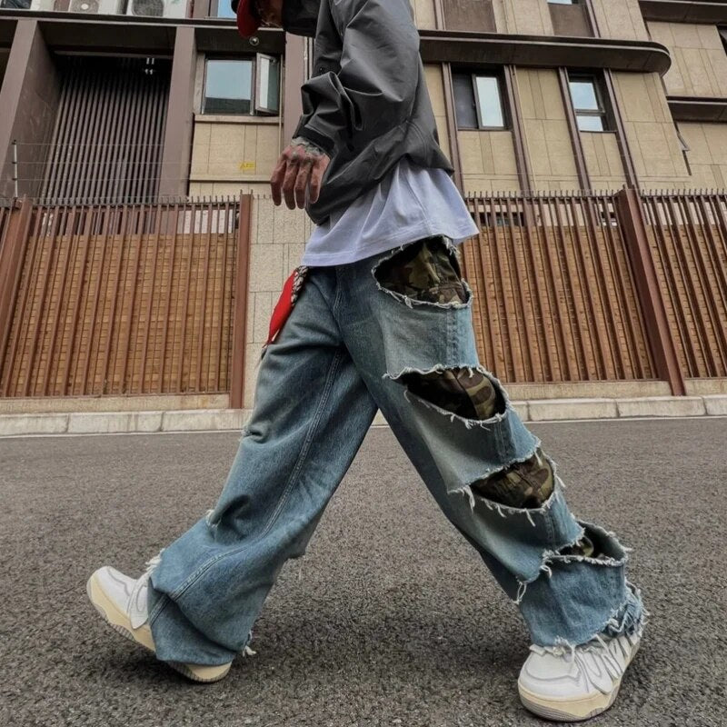 Camouflage Hole Fake Two Pieces Jeans