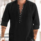 Cotton and Linen Mens Casual Button Round Neck Solid Standing Collar Shirt