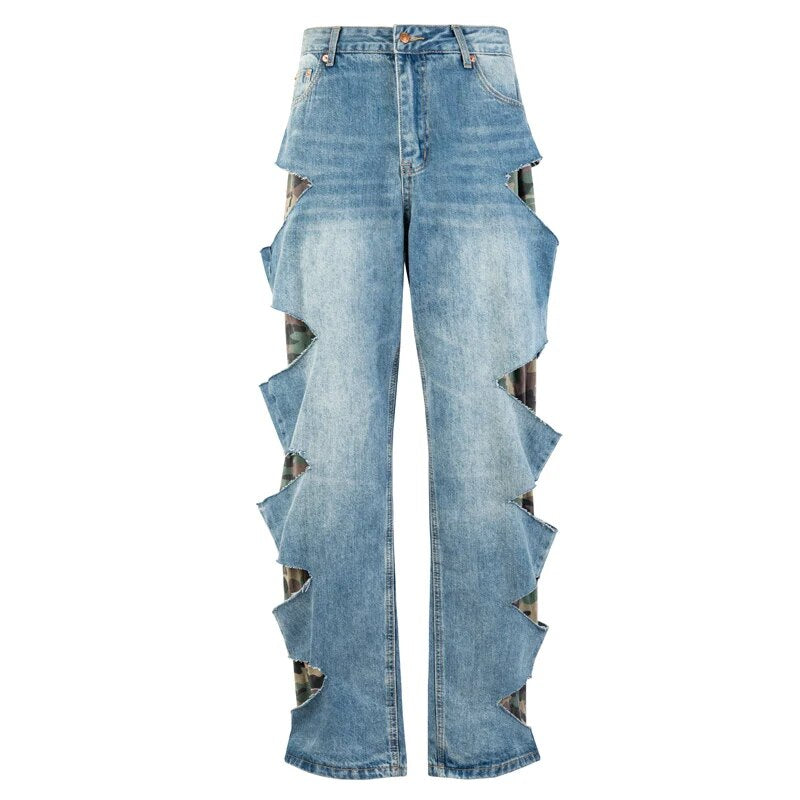 Camouflage Hole Fake Two Pieces Jeans
