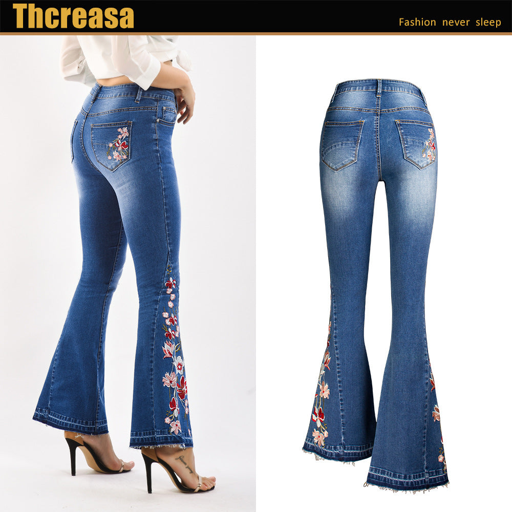 Denim Flared Pants 3D Heavy Industry Embroidered