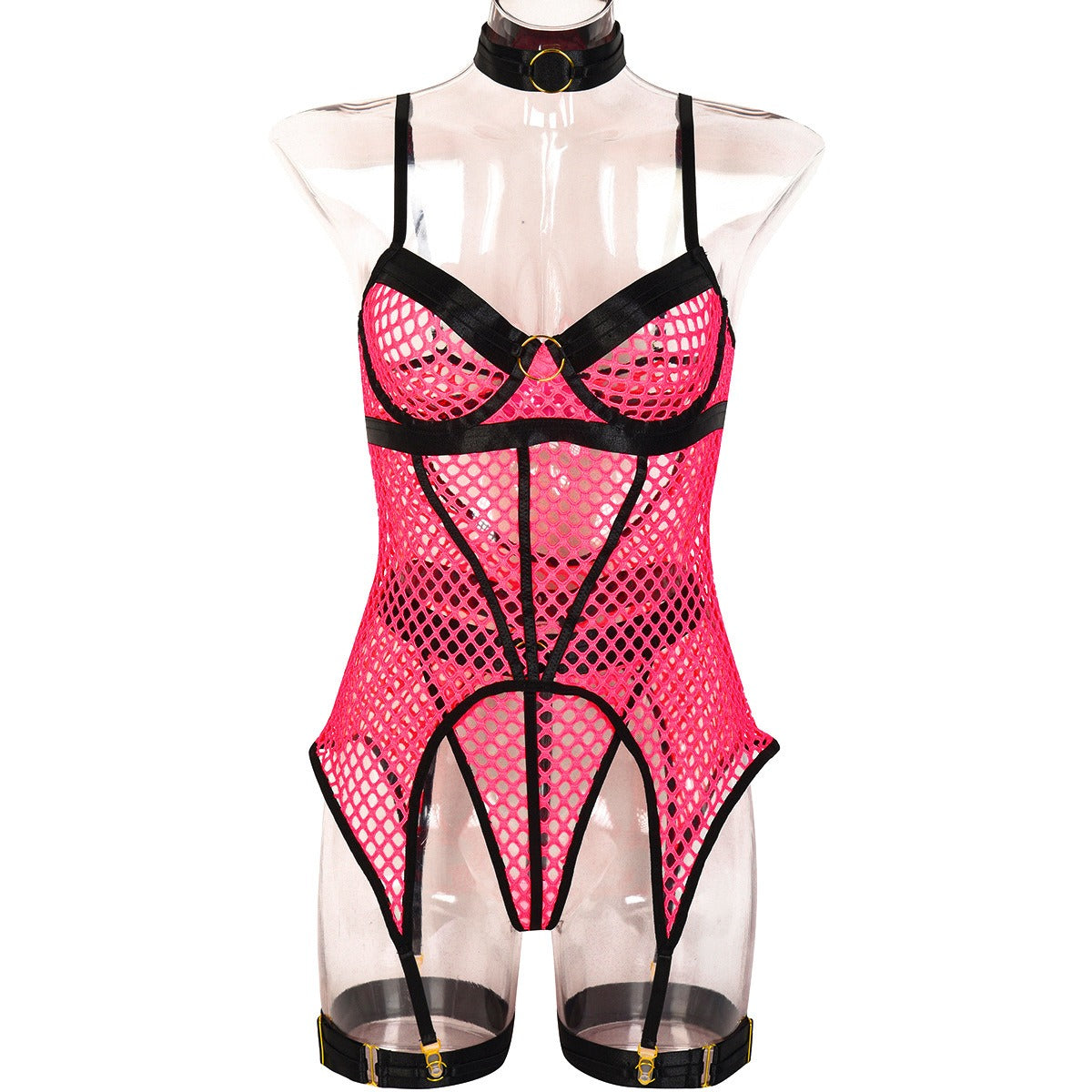 Popular Large Mesh Splice with Steel Ring Hanging Neck and Leg Ring Underwear