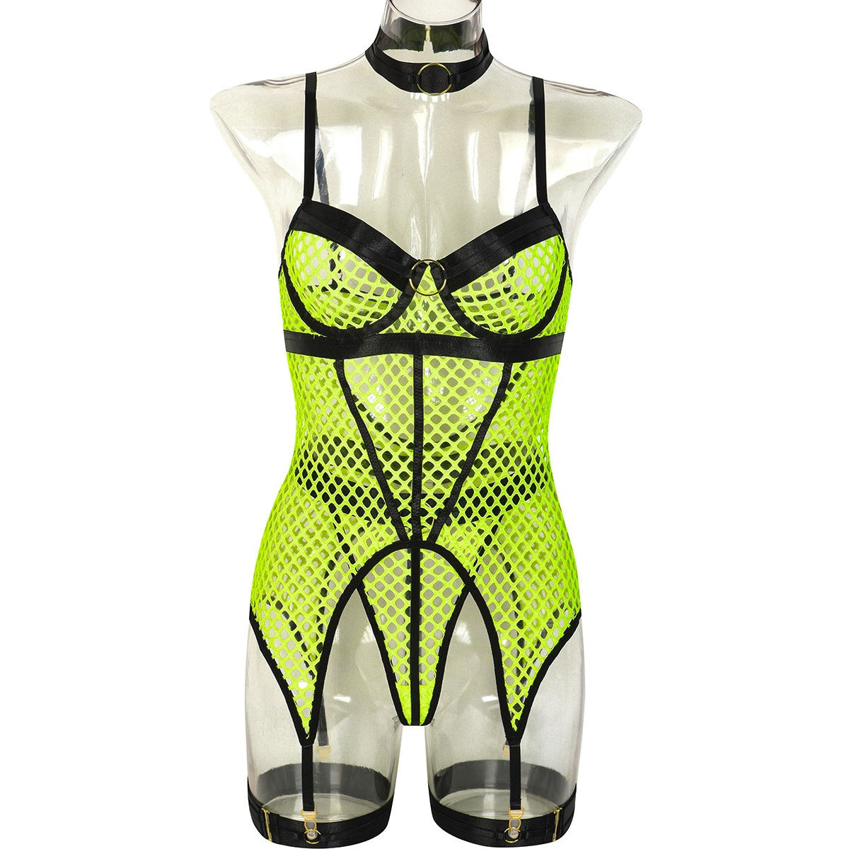 Popular Large Mesh Splice with Steel Ring Hanging Neck and Leg Ring Underwear