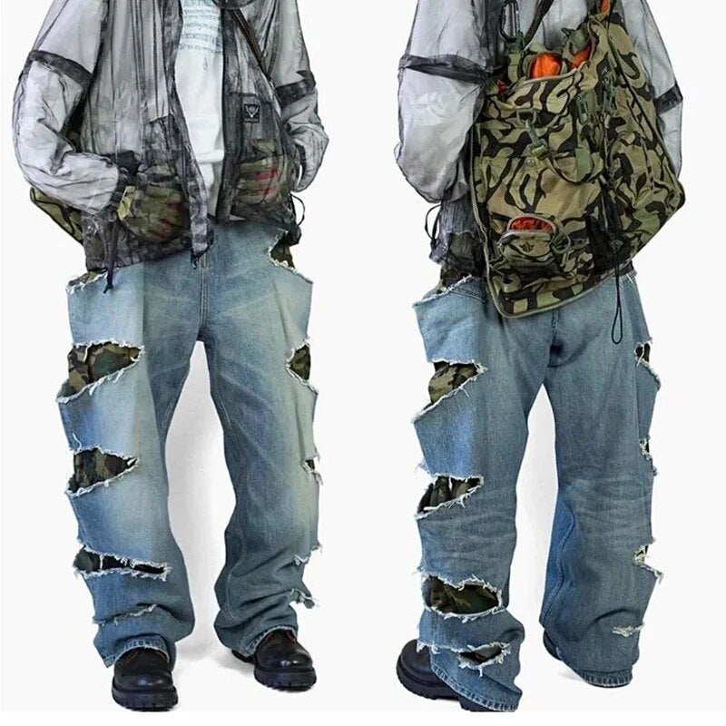 Camouflage Hole Fake Two Pieces Jeans