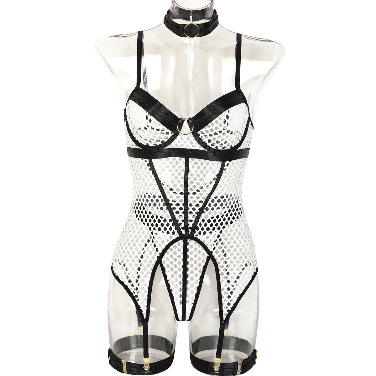 Popular Large Mesh Splice with Steel Ring Hanging Neck and Leg Ring Underwear