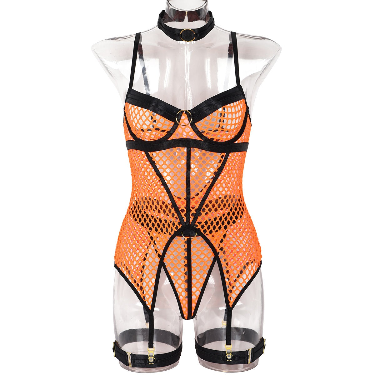 Popular Large Mesh Splice with Steel Ring Hanging Neck and Leg Ring Underwear