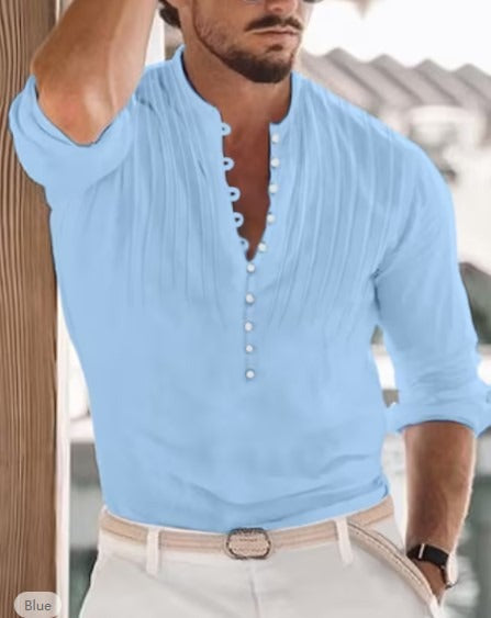 Cotton and Linen Mens Casual Button Round Neck Solid Standing Collar Shirt