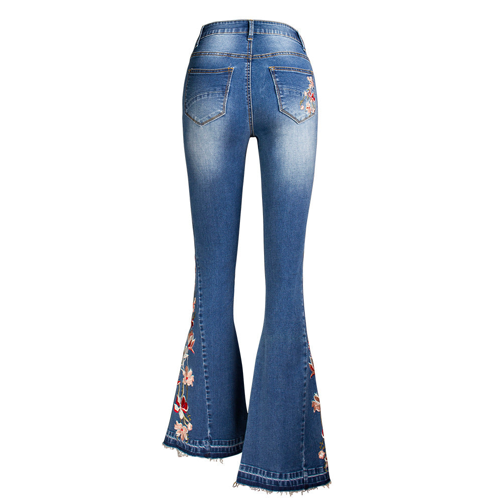 Denim Flared Pants 3D Heavy Industry Embroidered