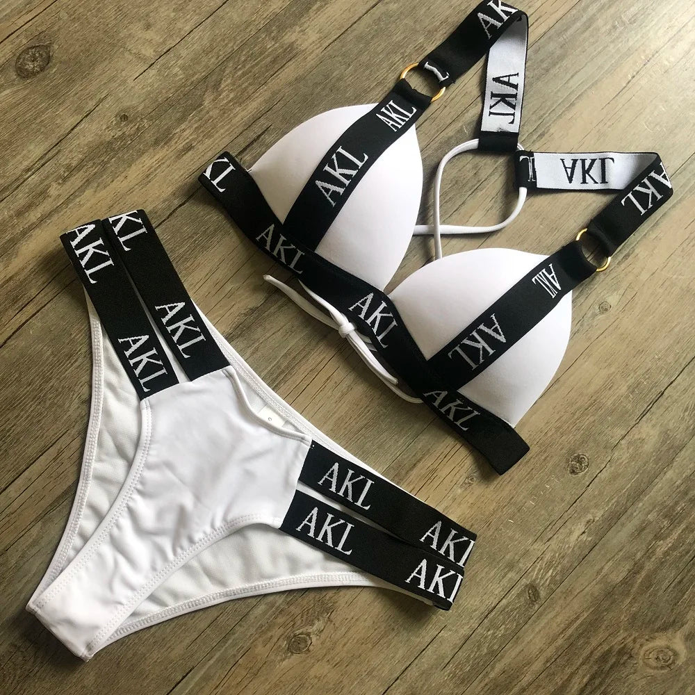 Women's Letter Print Push-Up Bikini Set