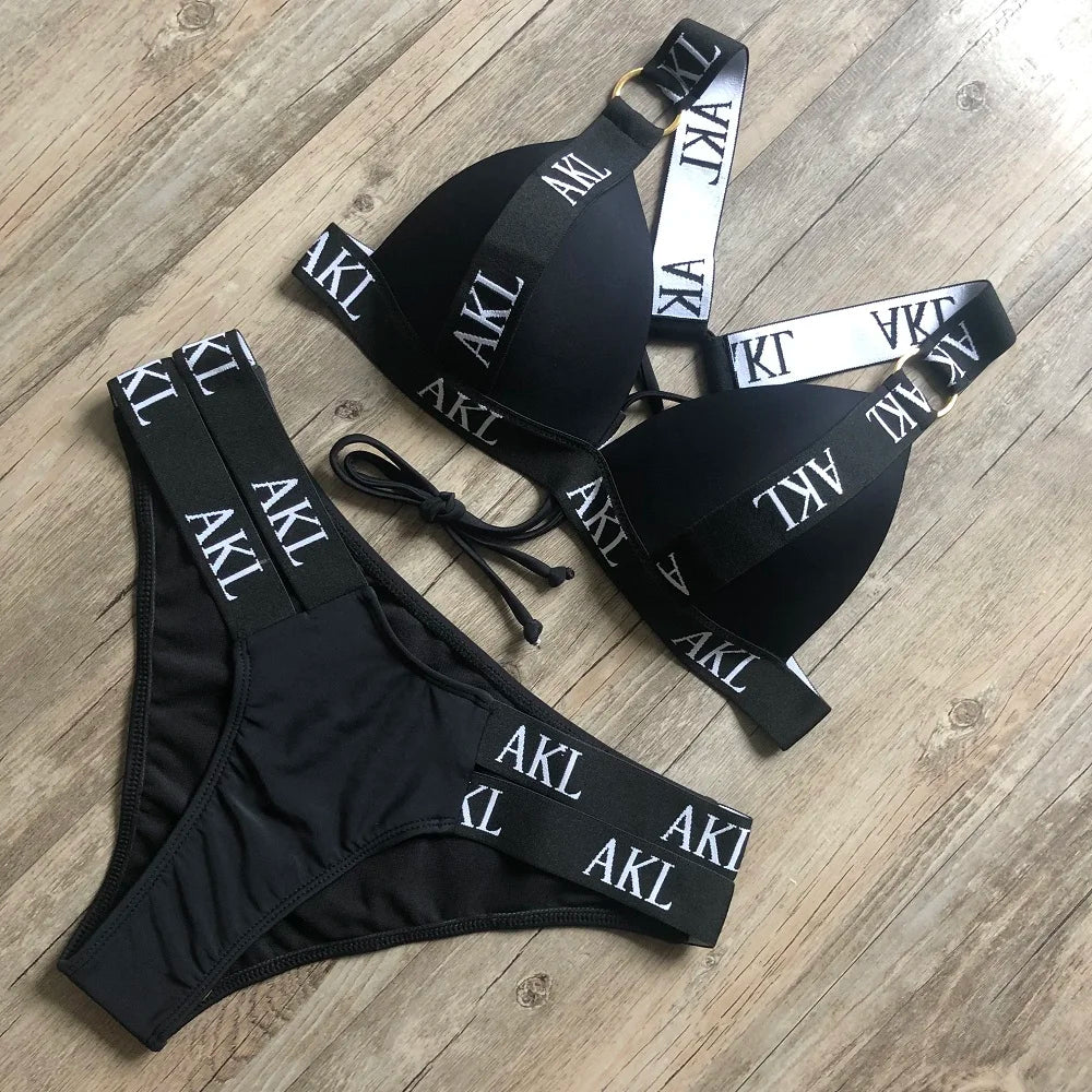 Women's Letter Print Push-Up Bikini Set