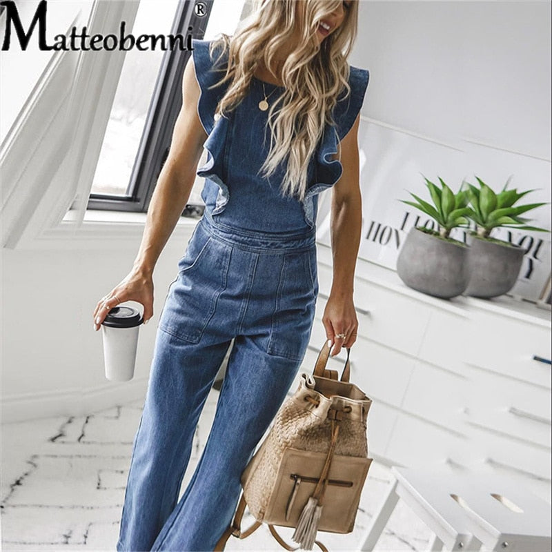 Sleeveless Ruffles Design Backless Denim Rompers