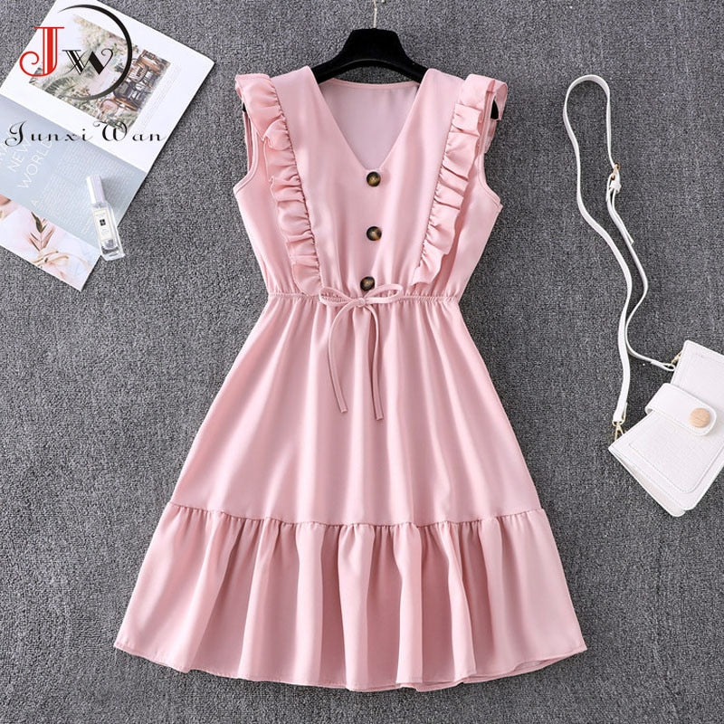 Solid V Neck Ruffles Sleeve Elegant Party Dresses