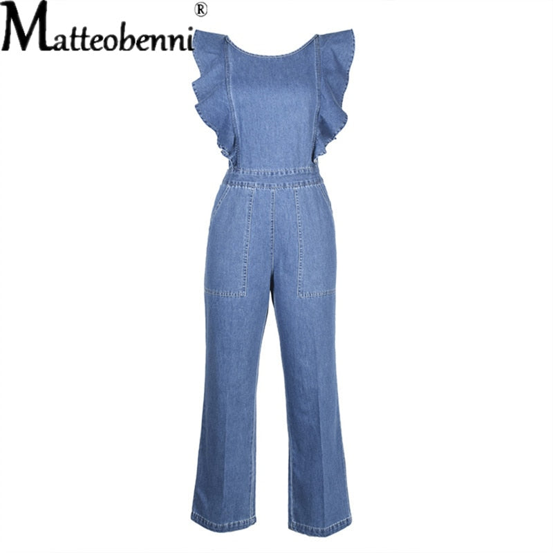 Sleeveless Ruffles Design Backless Denim Rompers