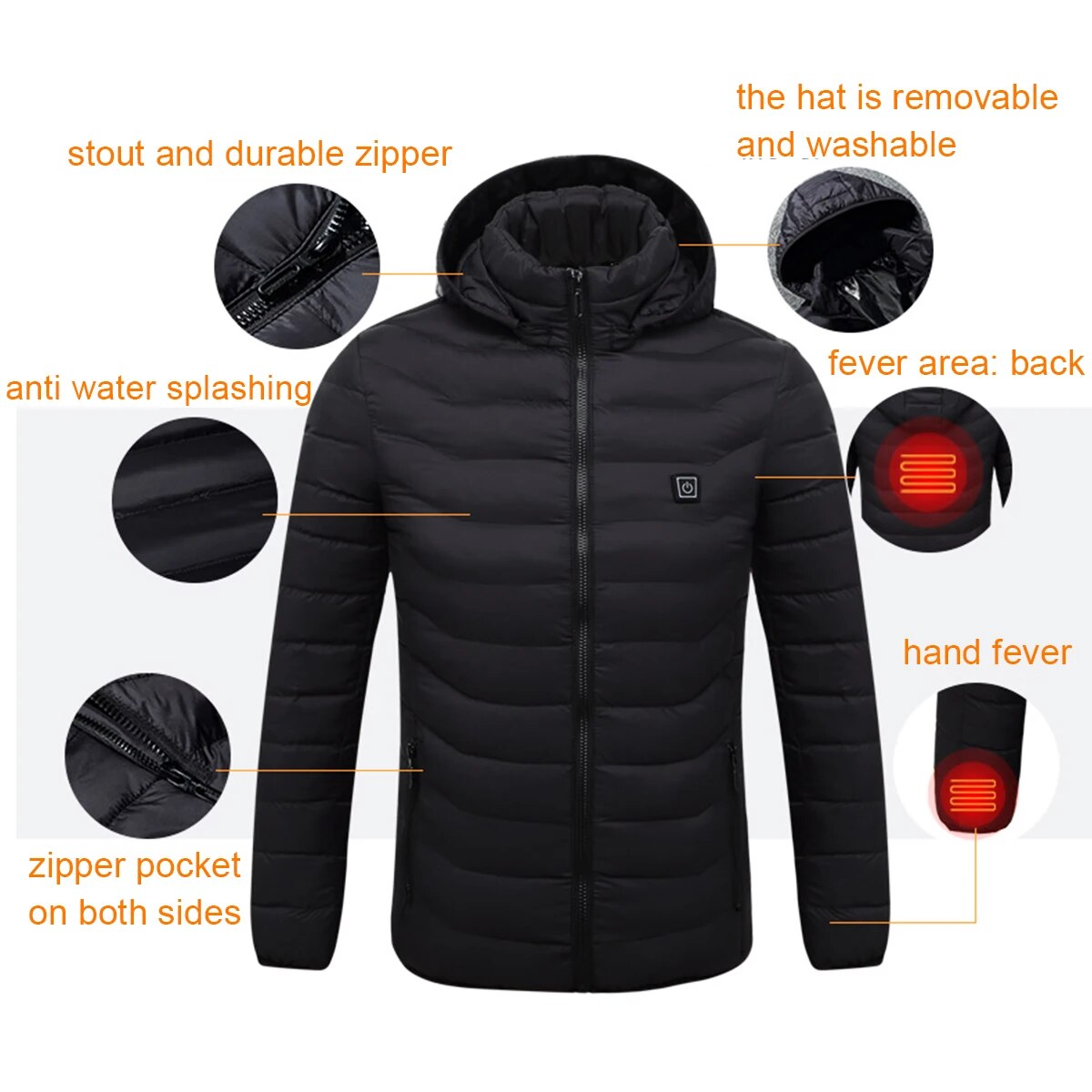 Mens Winter Heated USB Hooded Work Jacket Coats