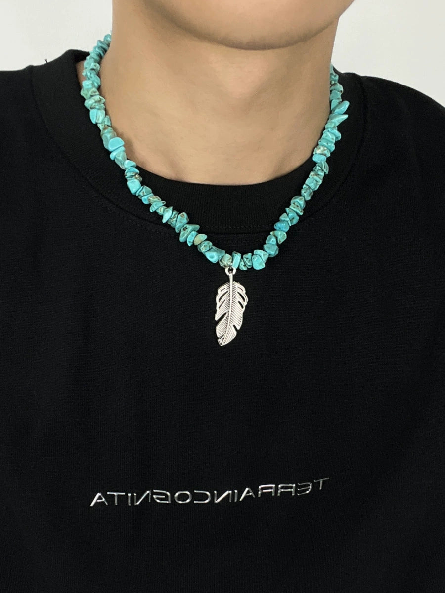 Blue Feather Pendant Necklace Female Hip Hop Accessories Gravel