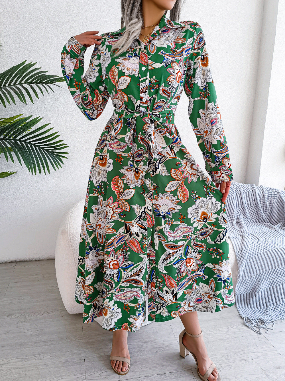 Retro Floral Lapel Tie Shirt Dress
