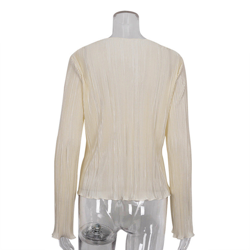 Sexy Hot Girl Top Slim-fit Horn Long-sleeved Pleated Shirt