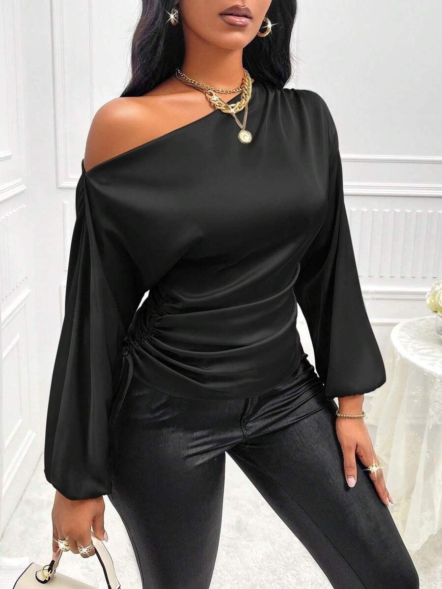 Asymmetrical Long-Sleeved Slope Collar Shirt Top