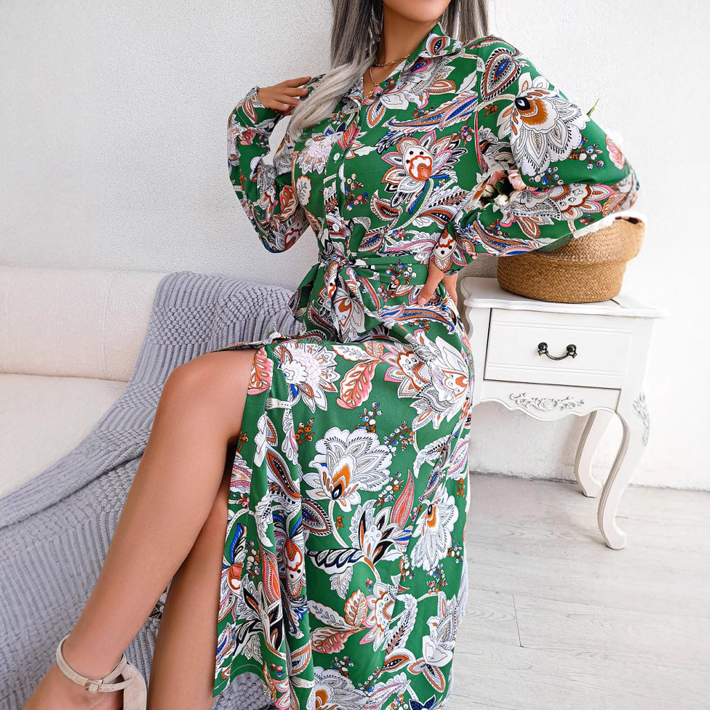 Retro Floral Lapel Tie Shirt Dress
