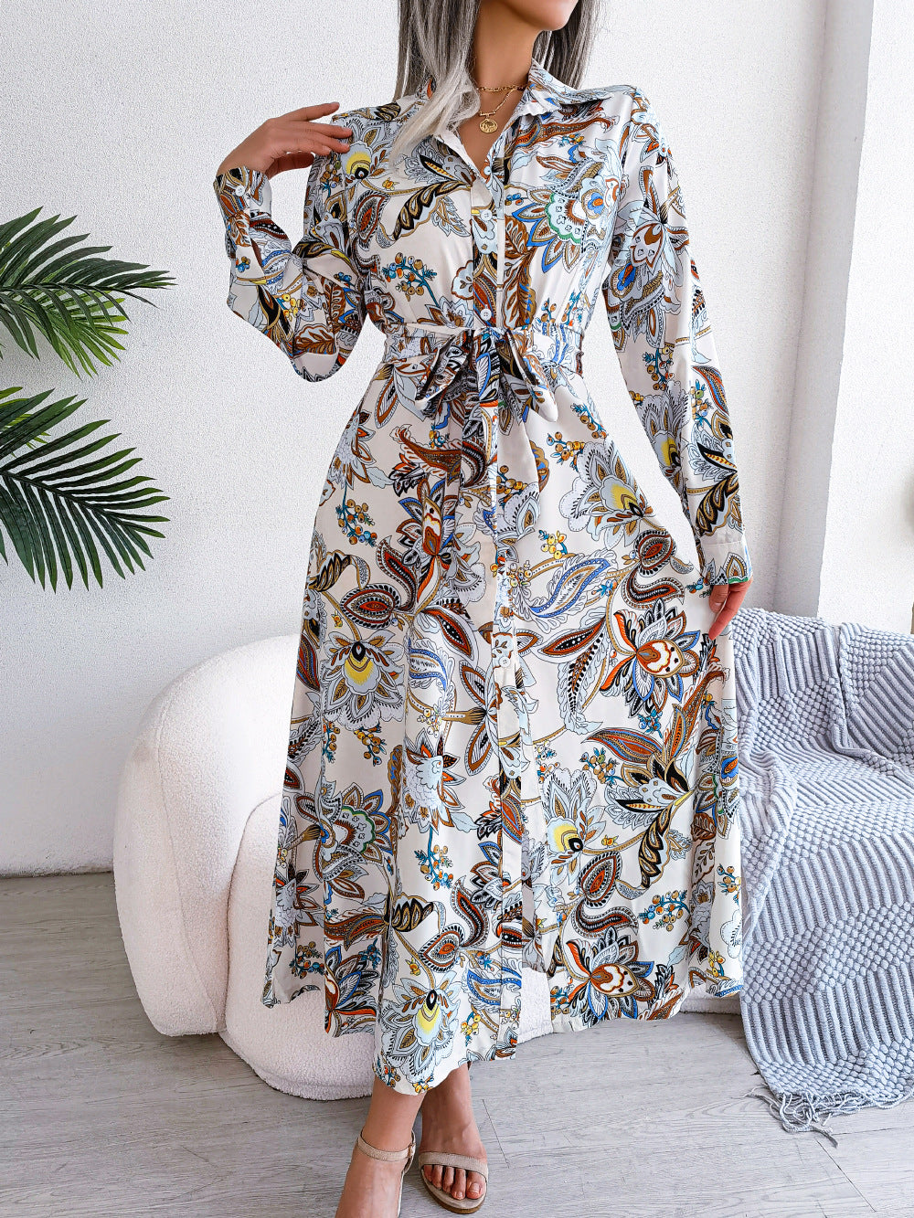 Retro Floral Lapel Tie Shirt Dress