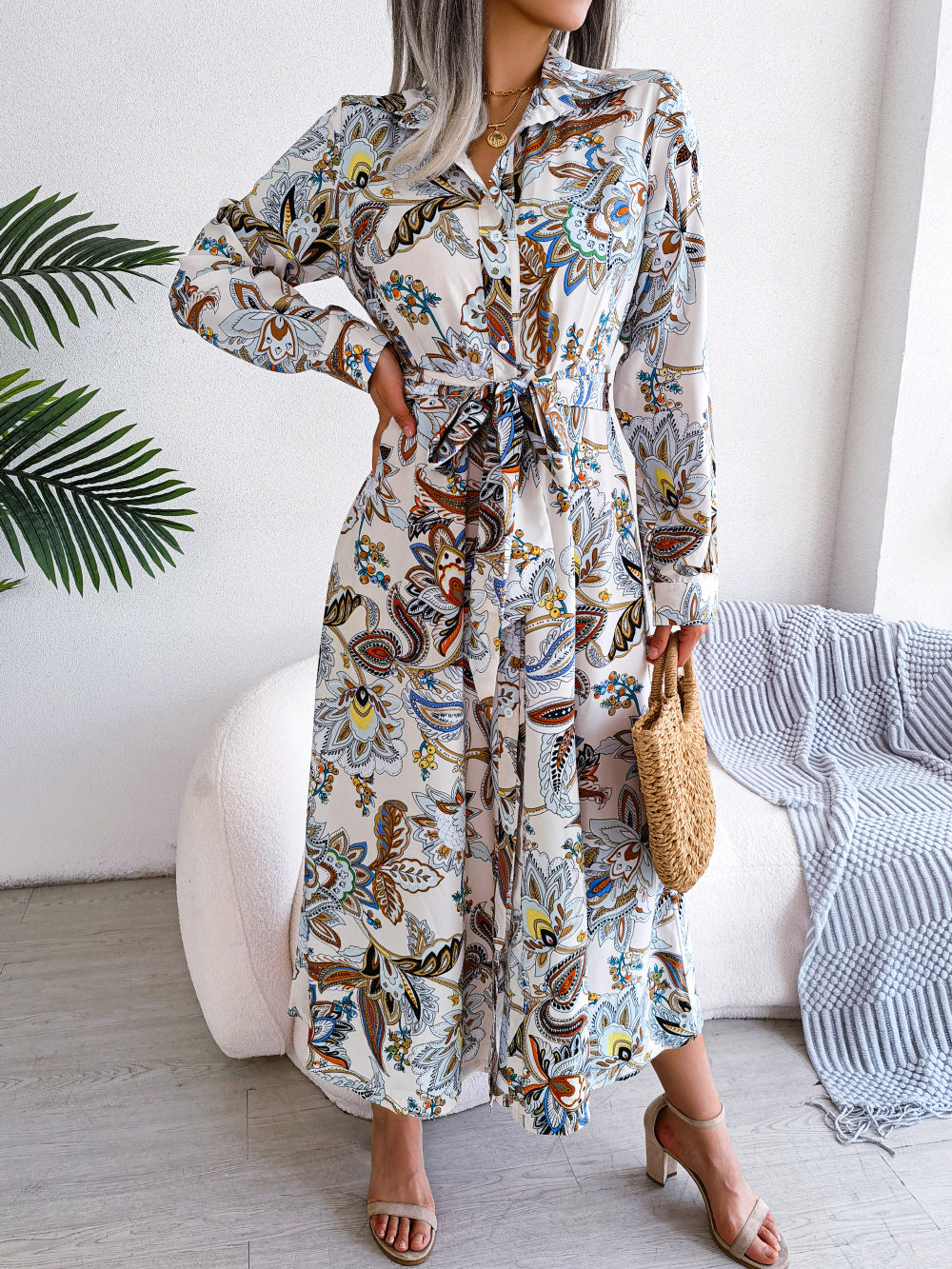 Retro Floral Lapel Tie Shirt Dress