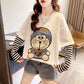 Striped Stitching Long-Sleeved Cartoon Embroidered T-shirt Spring and Autumn Clothing