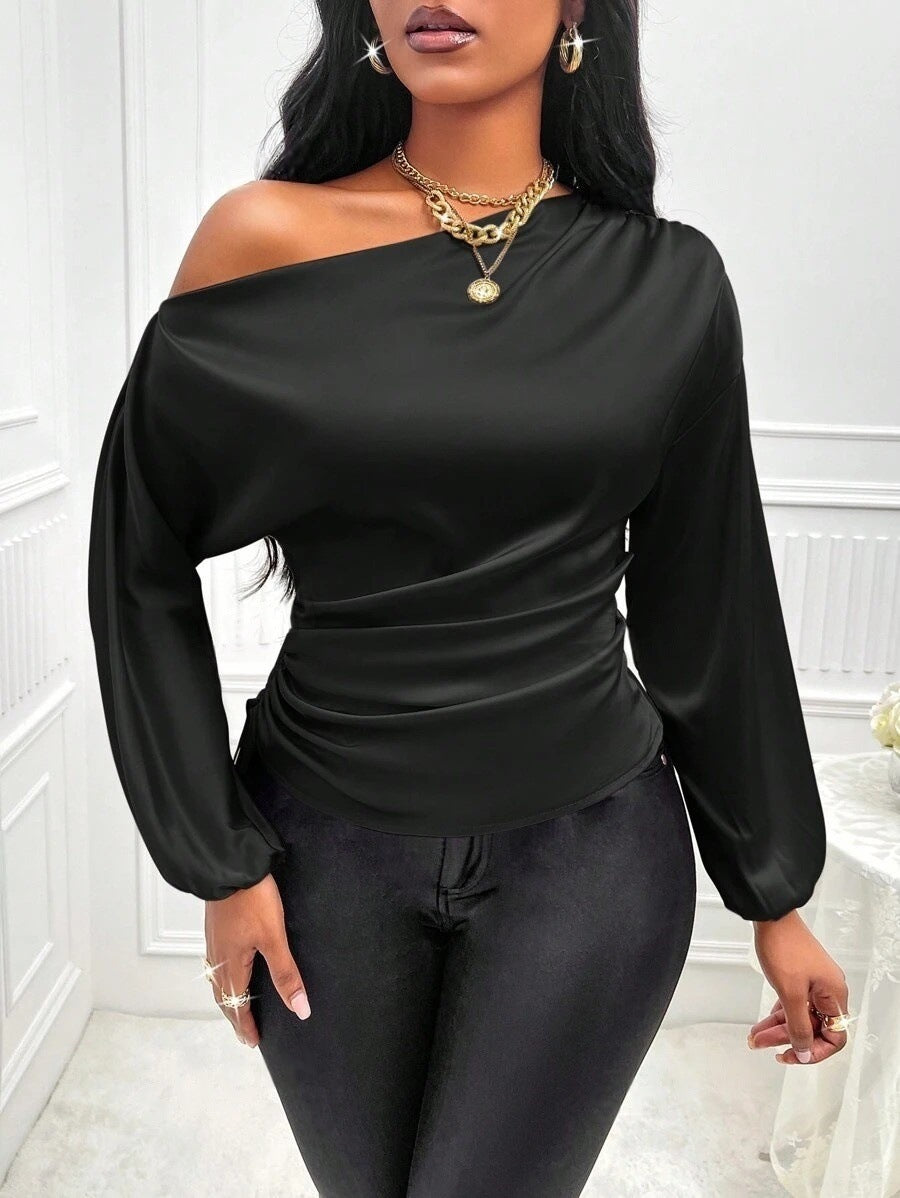 Asymmetrical Long-Sleeved Slope Collar Shirt Top