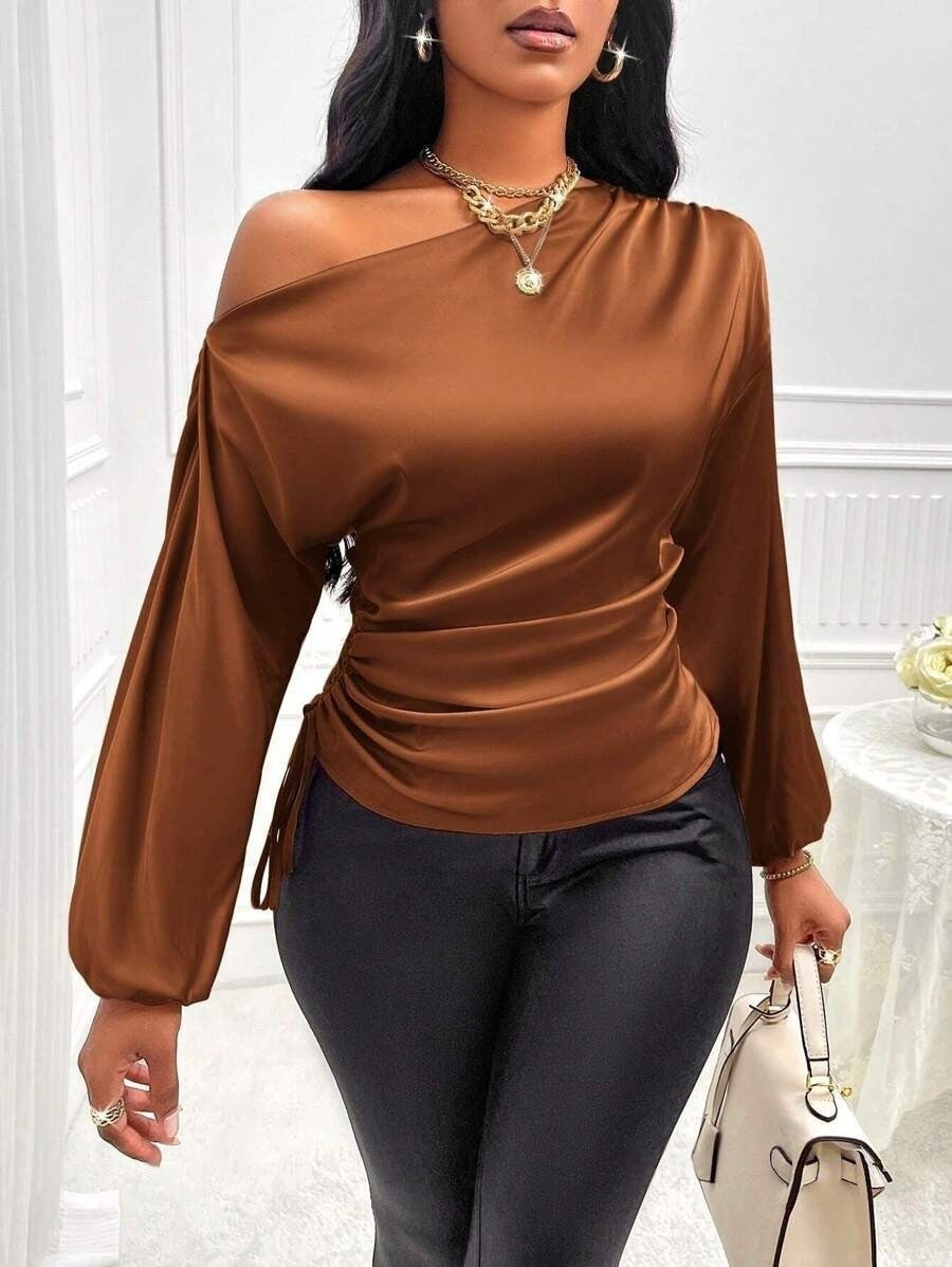 Asymmetrical Long-Sleeved Slope Collar Shirt Top