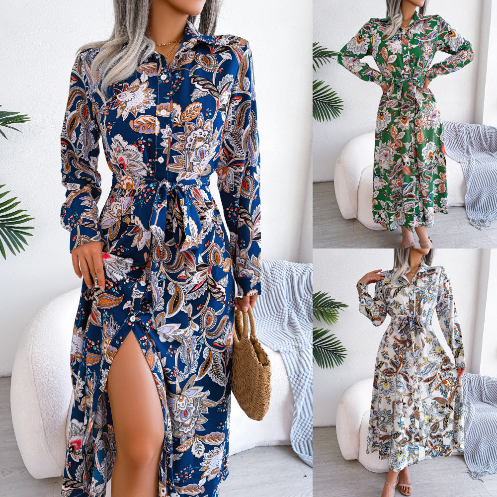 Retro Floral Lapel Tie Shirt Dress