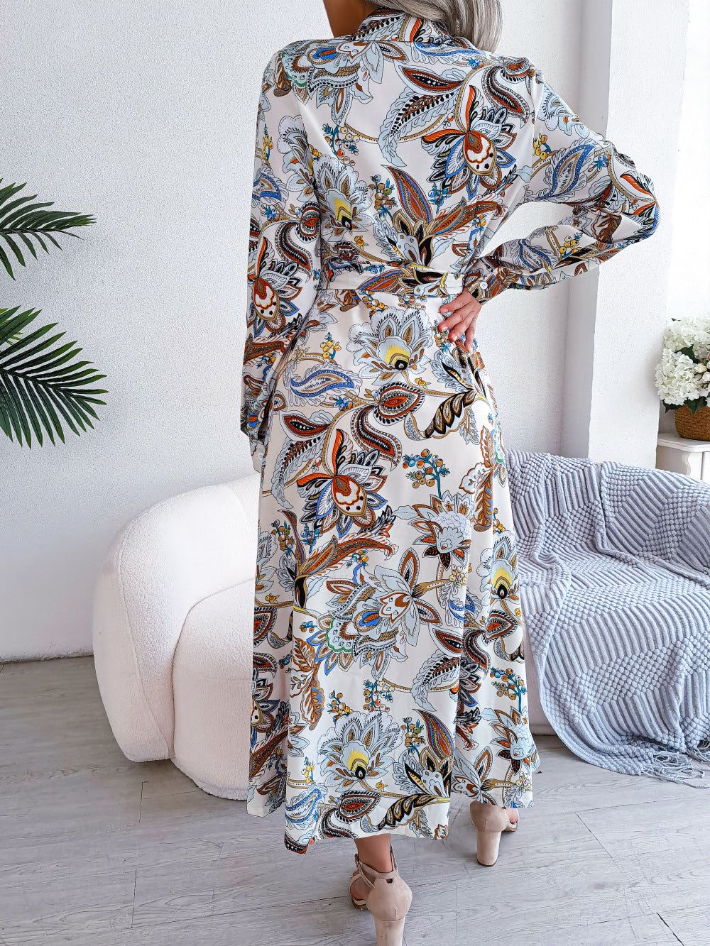 Retro Floral Lapel Tie Shirt Dress