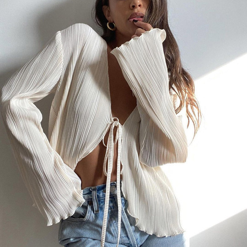 Sexy Hot Girl Top Slim-fit Horn Long-sleeved Pleated Shirt
