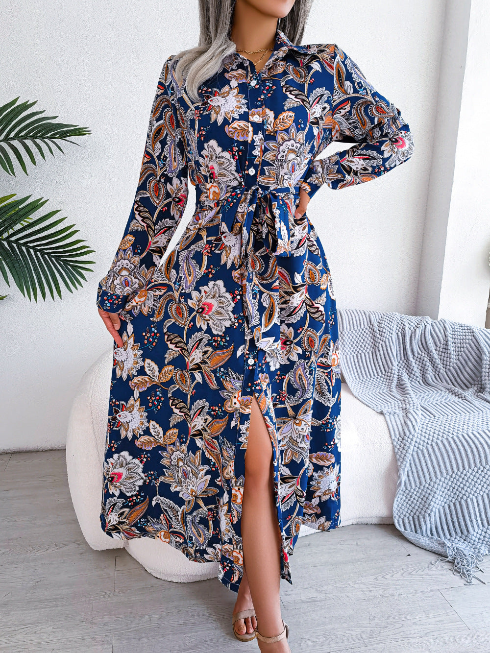 Retro Floral Lapel Tie Shirt Dress