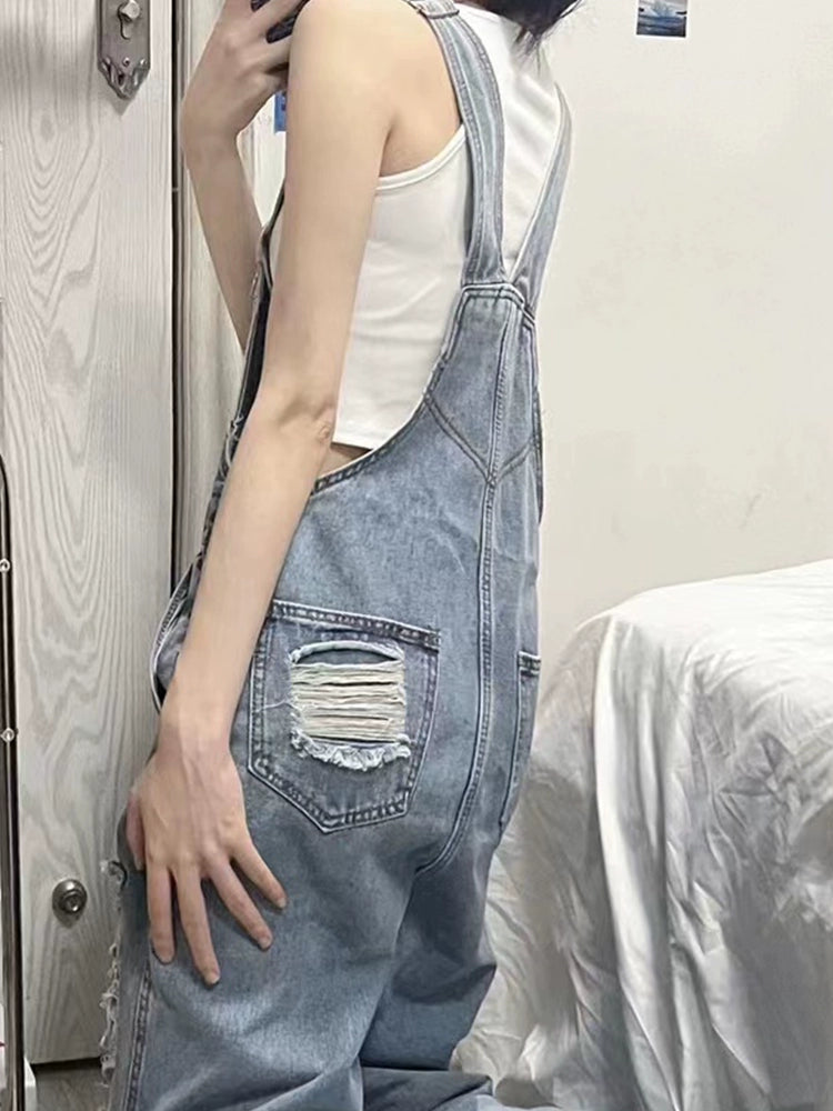 Age-Reducing Ripped Parka Beggar High Denim Suspender Pants