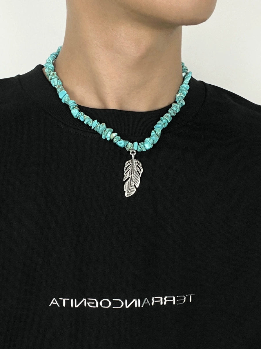 Blue Feather Pendant Necklace Female Hip Hop Accessories Gravel