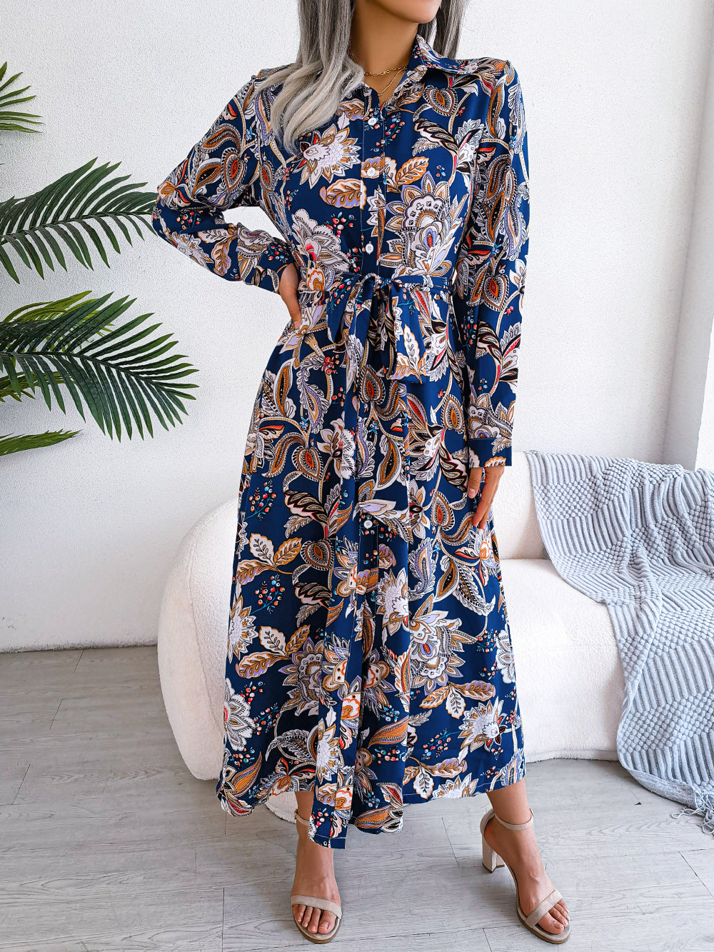 Retro Floral Lapel Tie Shirt Dress