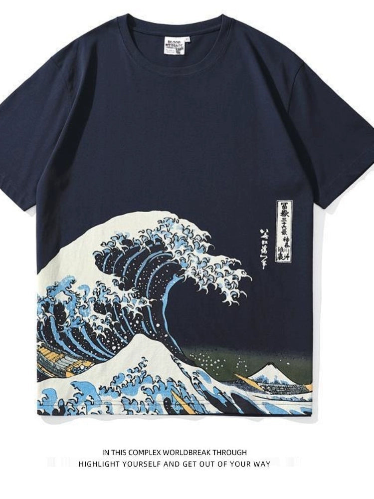 Trendy Kanagawa Short Sleeve Ukiyo-E Print Tops