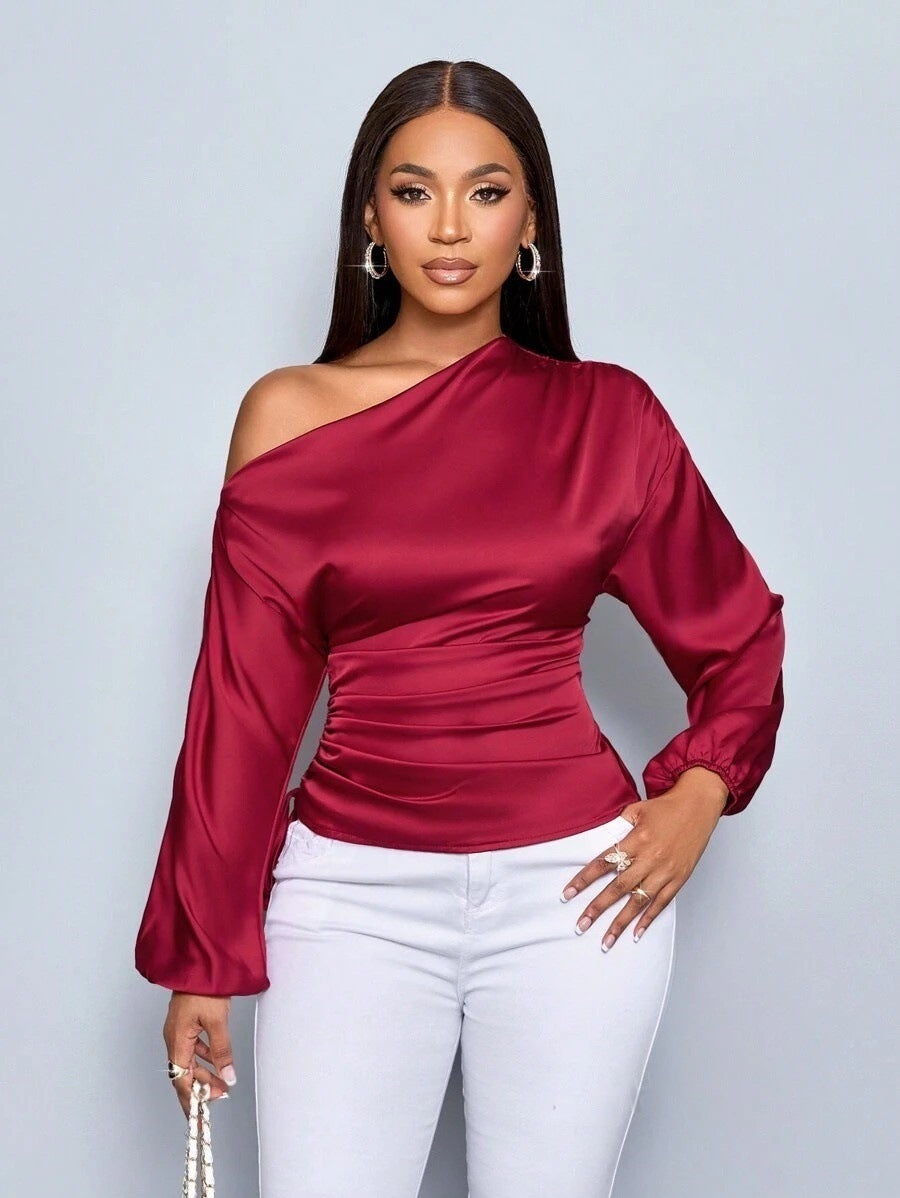 Asymmetrical Long-Sleeved Slope Collar Shirt Top
