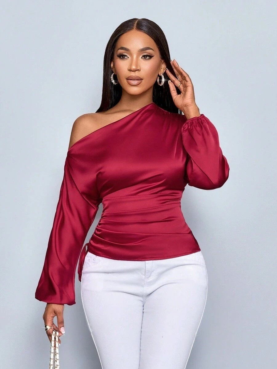 Asymmetrical Long-Sleeved Slope Collar Shirt Top