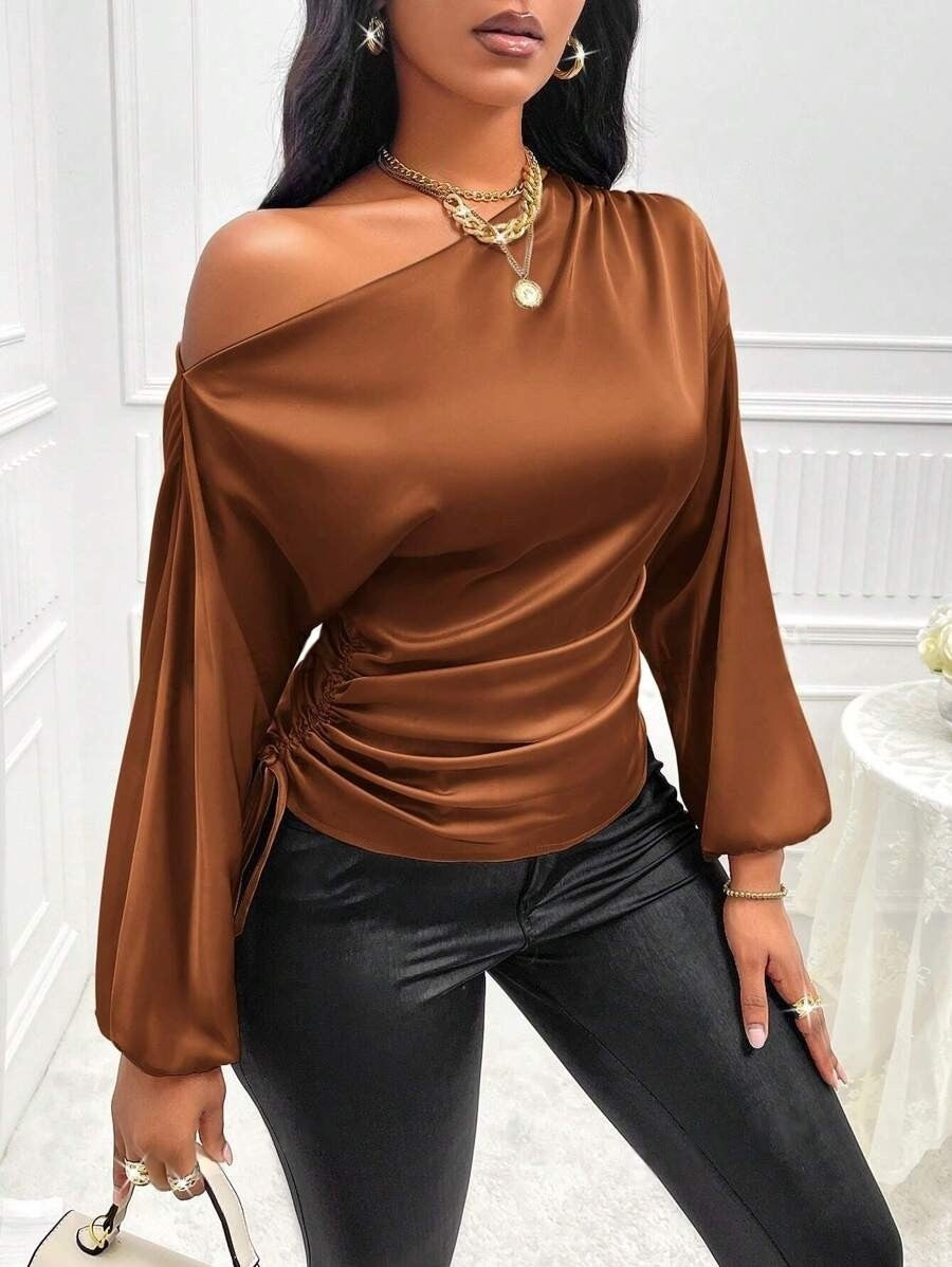 Asymmetrical Long-Sleeved Slope Collar Shirt Top
