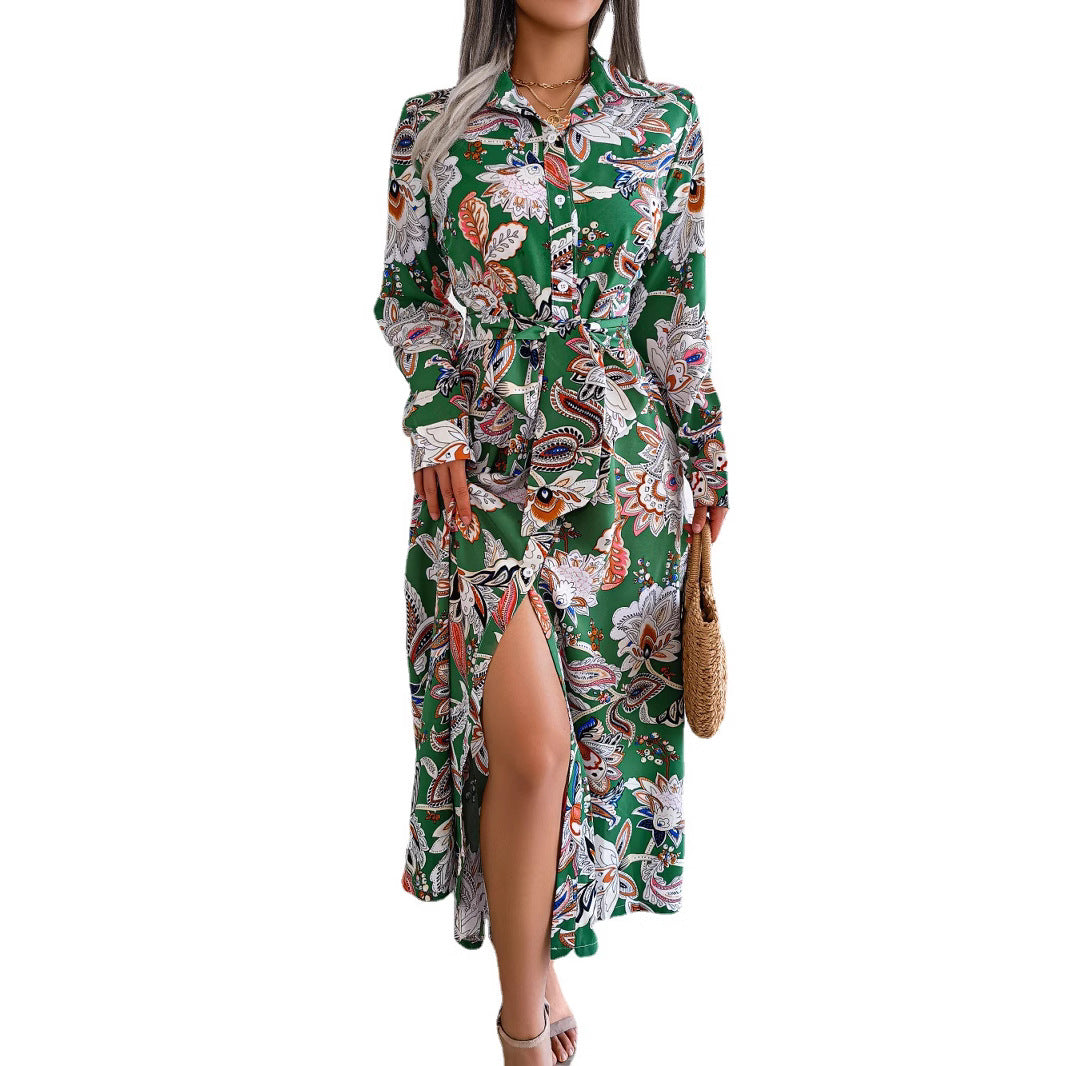 Retro Floral Lapel Tie Shirt Dress