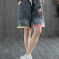 Summer Women's Denim Shorts Women's Half Pants Elastic Waist Straight Casual Loose Embroidery Ripped Middle Pants Large Size